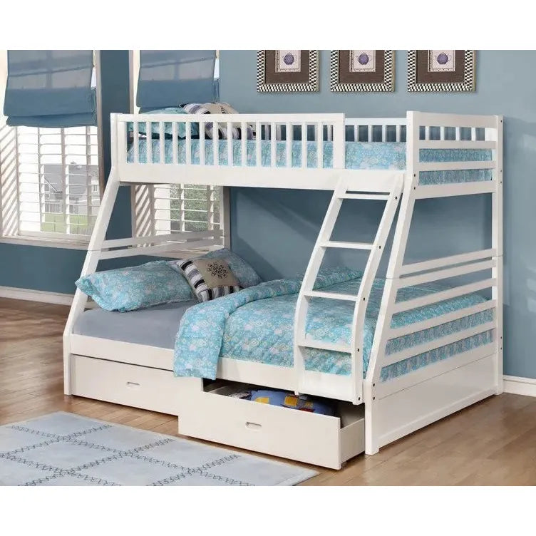 White bunk bed with storage drawers