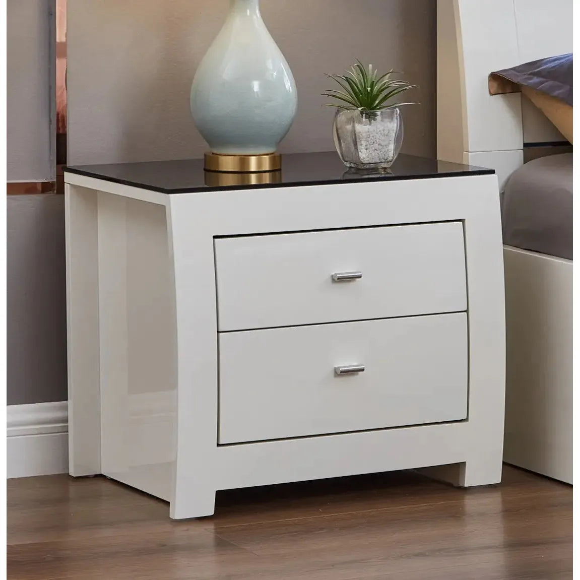 White steel nightstand with two drawers