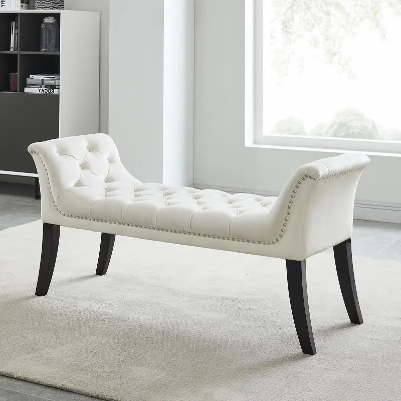 White tufted bench with black legs for living room