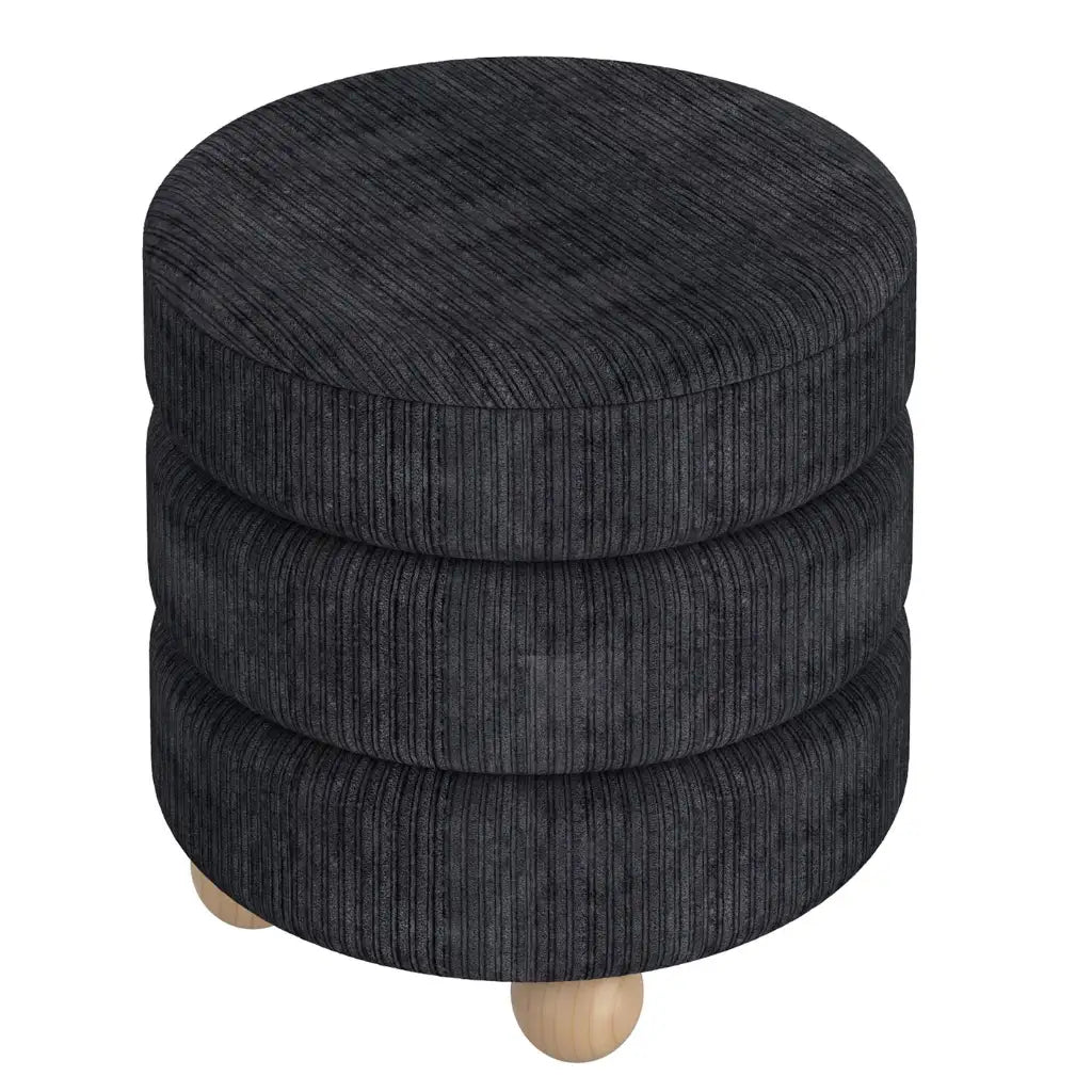 Willo Round Black Ottoman – Modern Plush Footstool with Wood Legs