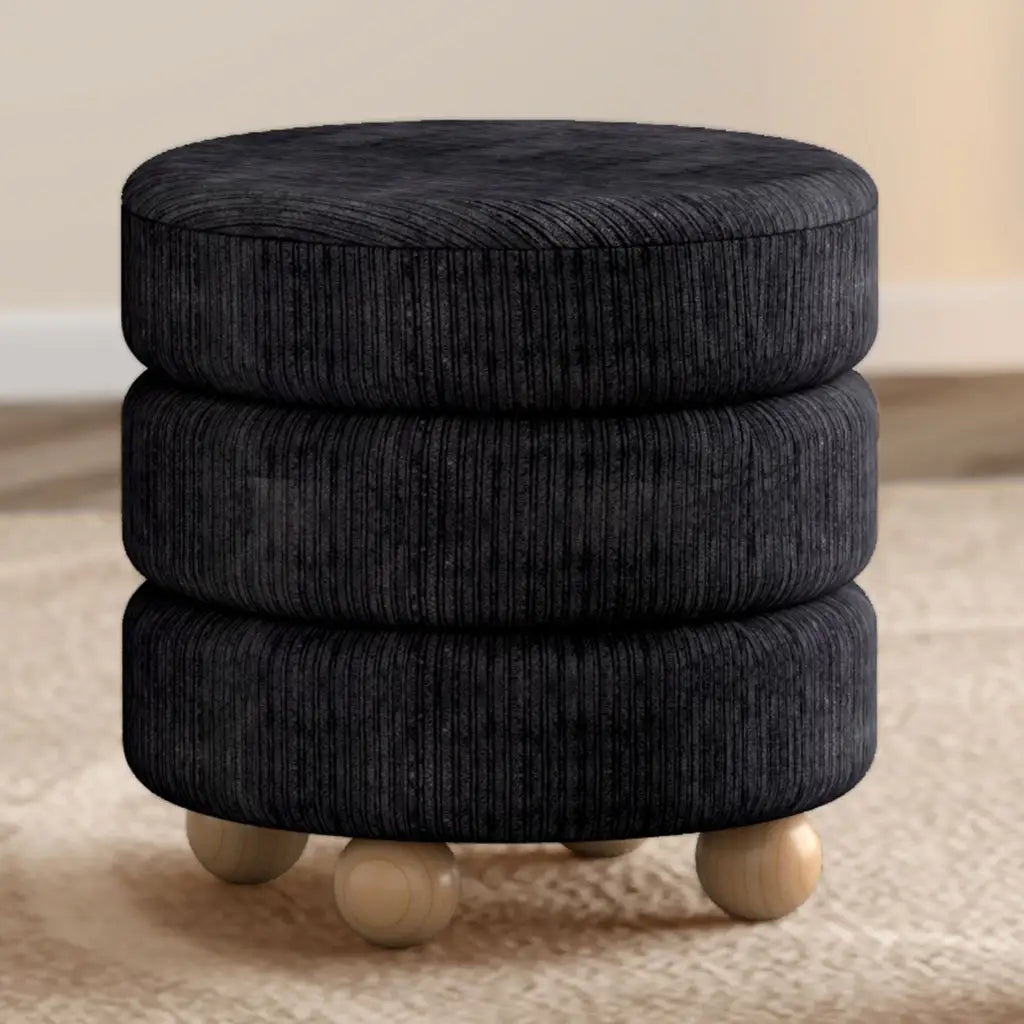Willo Round Black Ottoman – Modern Plush Footstool with Wood Legs