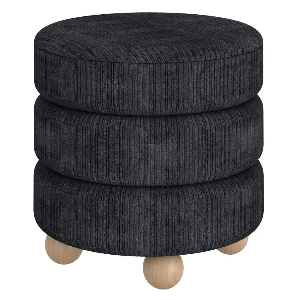 Willo Round Black Ottoman – Modern Plush Footstool with Wood Legs
