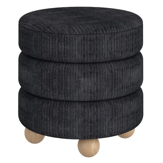 Willo Round Black Ottoman – Modern Plush Footstool with Wood Legs