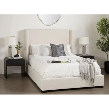 Beige Upholstered King Bed with Wingback Headboard