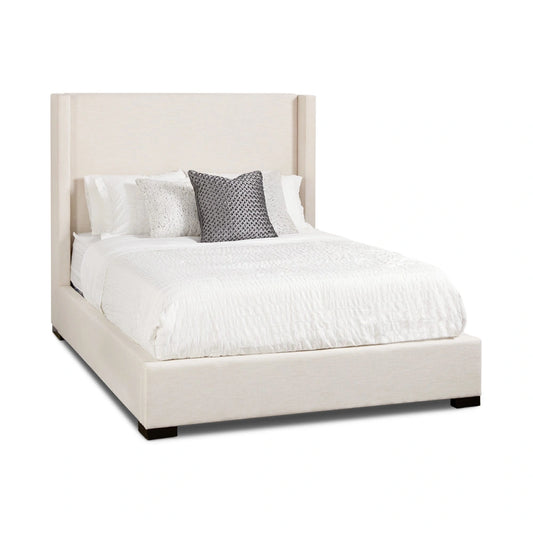 Wing Upholstered Queen Bed in Beige Fabric with Wingback Headboard