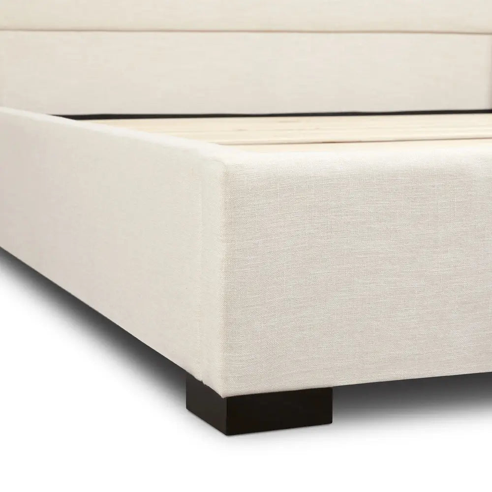 Wing Upholstered Queen Bed in Beige Fabric with Wingback Headboard
