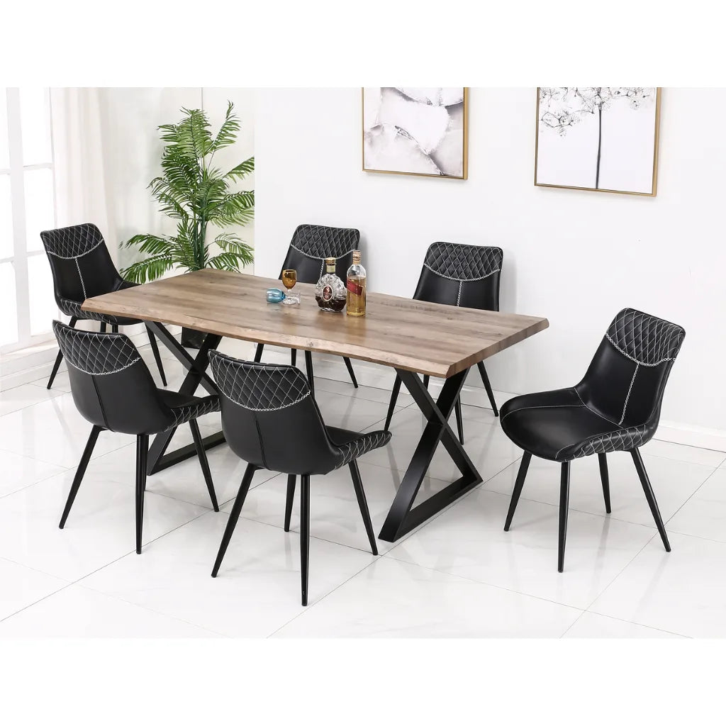 Dining table set with six black PU chairs 