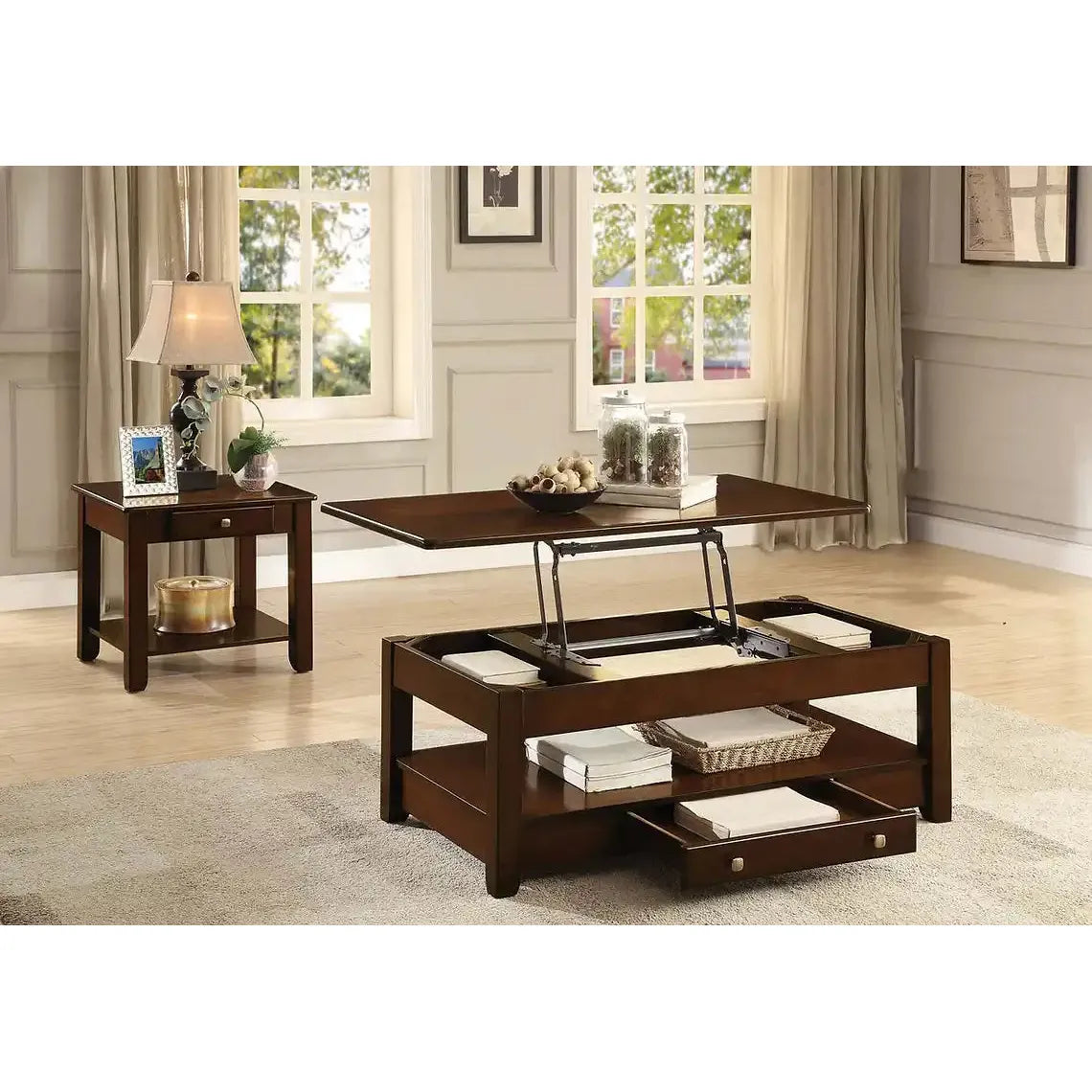 Wooden coffee table with lift-top design for living room