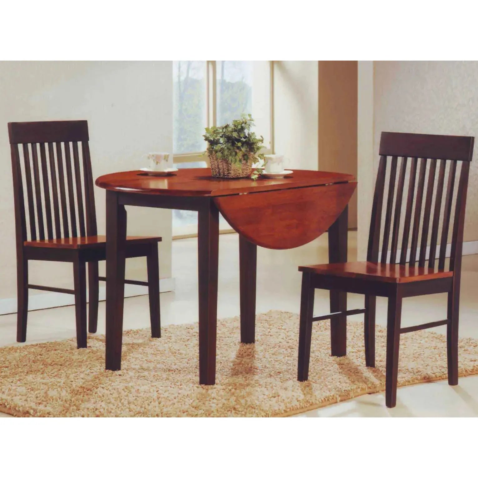 Wooden dining set with a round table and two chairs 