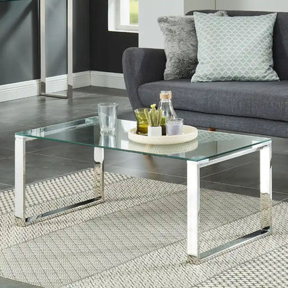 Zevon Glass Coffee Table in Silver - Polished Stainless Steel Frame