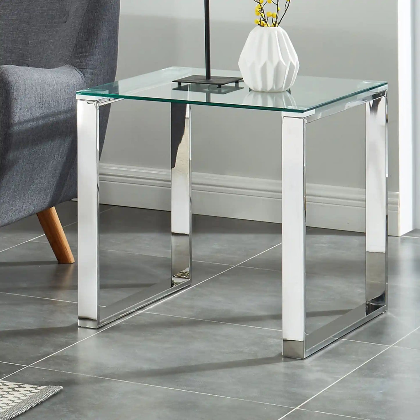 Zevon Silver Glass Side Table With Polished Stainless Steel Frame