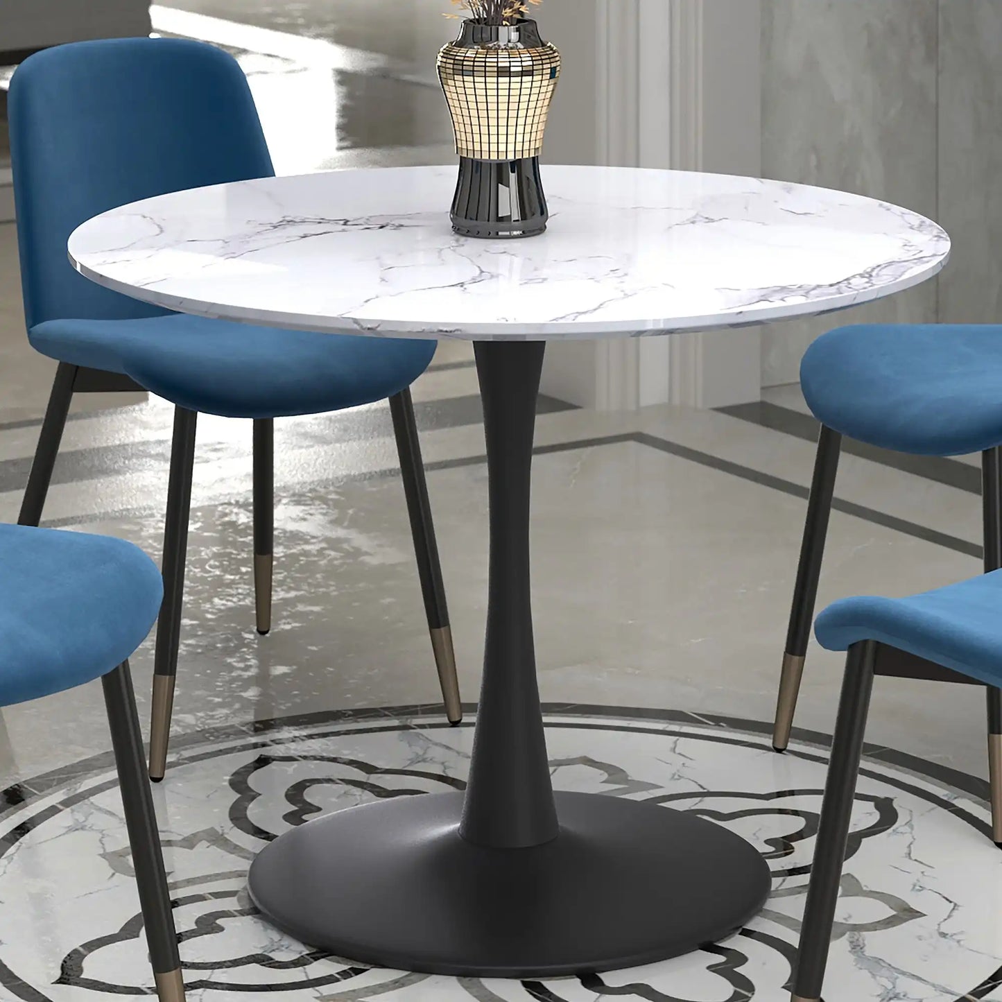 Zilo 40 White Round Dining Table with Faux Marble Top