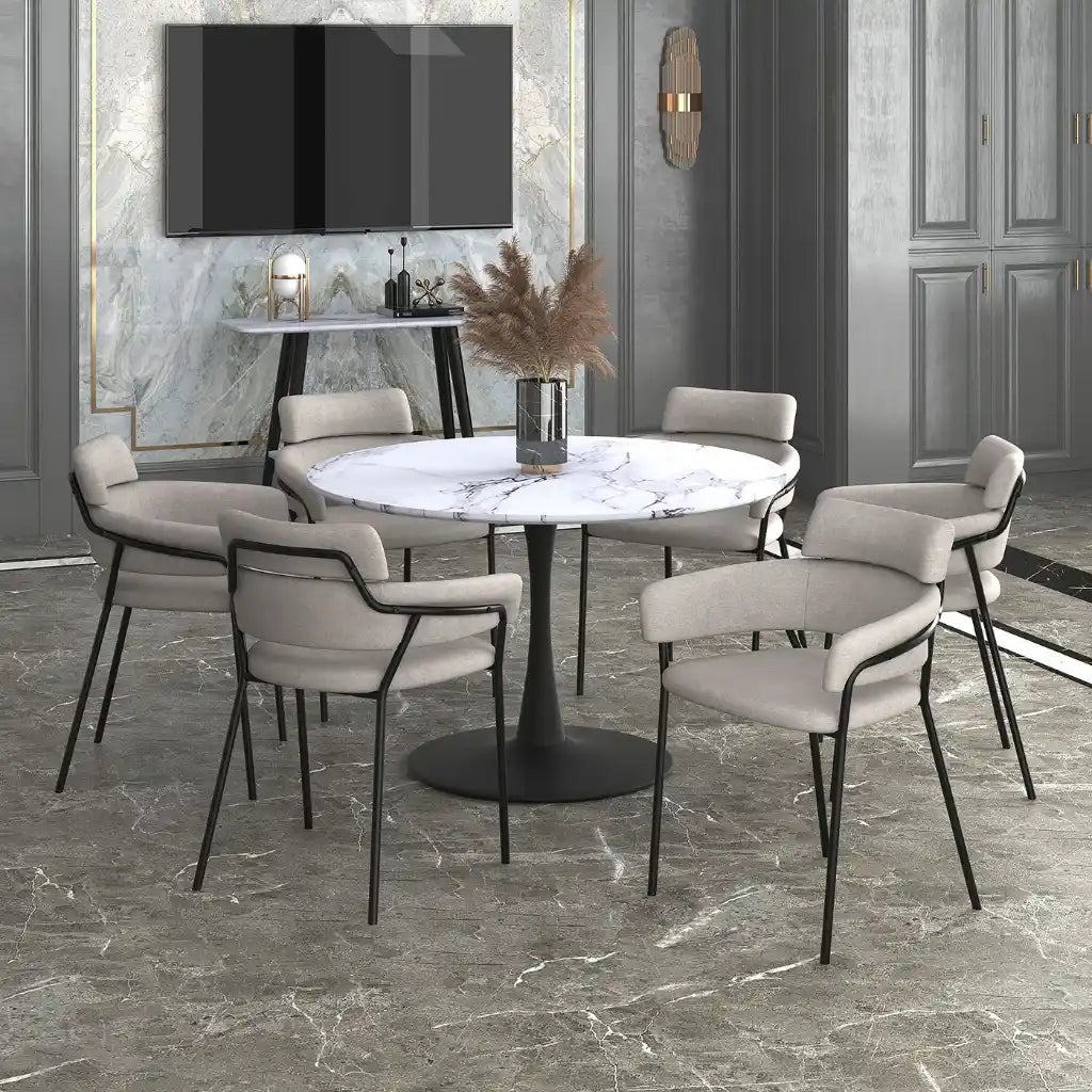 Zilo 48 White Round Dining Table for 6 with Faux Marble Top