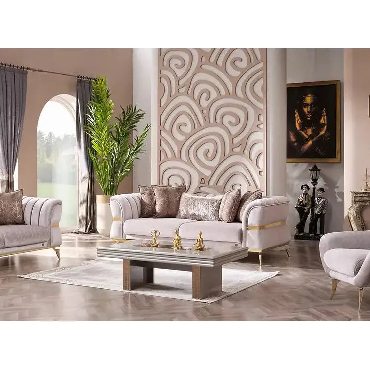 NEHIR Beige & Gold Sofa Set (3+2+1) – textured fabric sofa