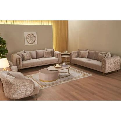 ELIZA Sofa Set – Beige & Gold Fabric Seating with Stainless Steel Legs