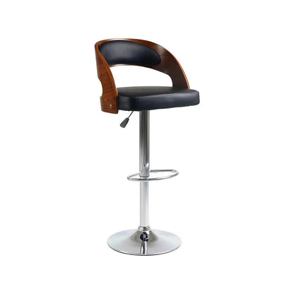 Bar stool with black seat and wooden backrest 