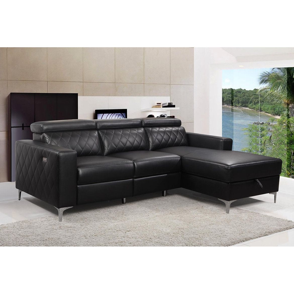 Modern Black Leather Gel Power Reclining Sectional Sofa with Storage