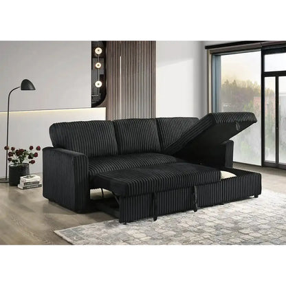Black sectional sofa with storage drawersfor modern living room.