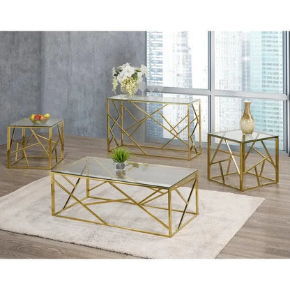3-Piece Glass Coffee Table Set with Gold Metal Frame