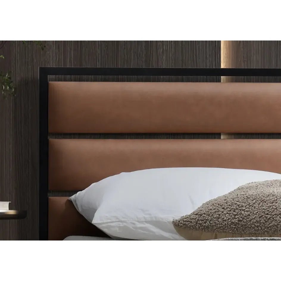 Modern Industrial Queen Platform Bed with Tan PU & Metal Frame