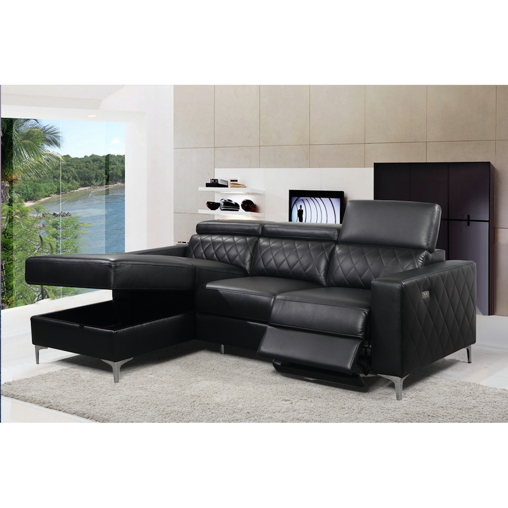 Modern Black Leather Gel Power Reclining Sectional Sofa with Storage