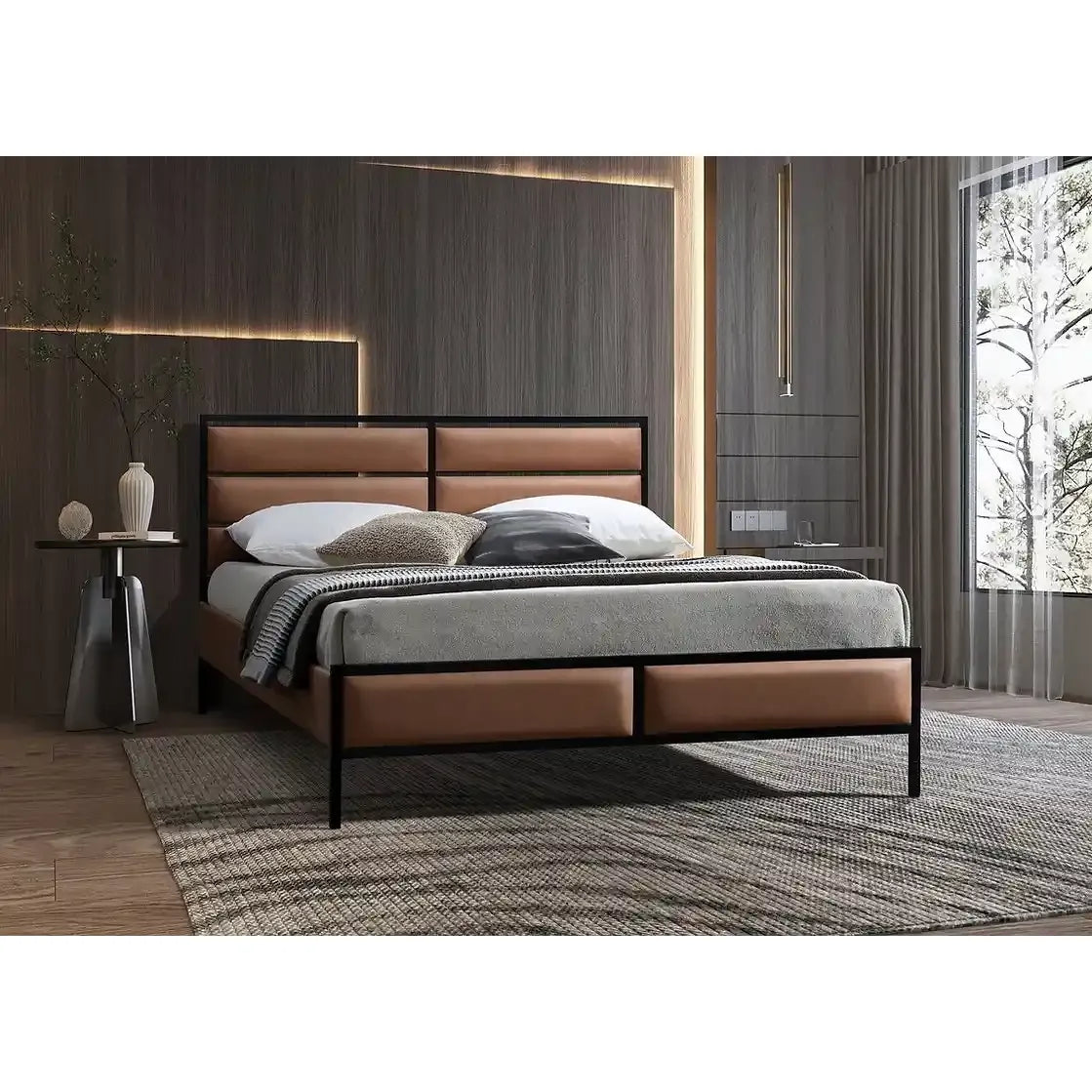 Modern Industrial Queen Platform Bed with Tan PU & Metal Frame