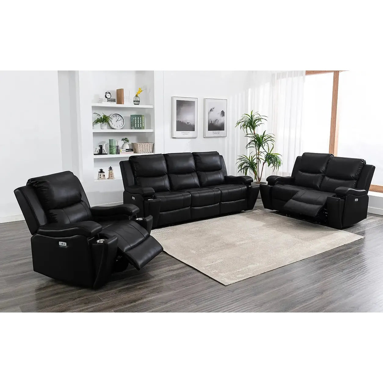 3PC Power Reclining Leather Sofa Set with USB & Cup Holders