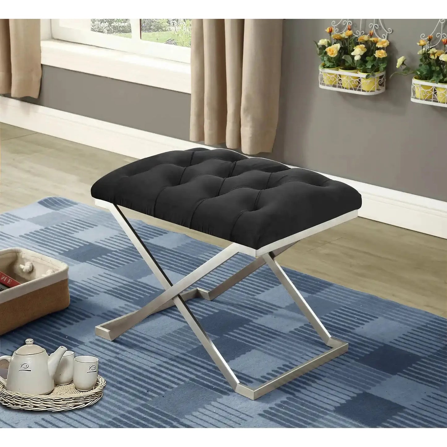 Elegant Velvet Ottoman with Stainless Steel Legs