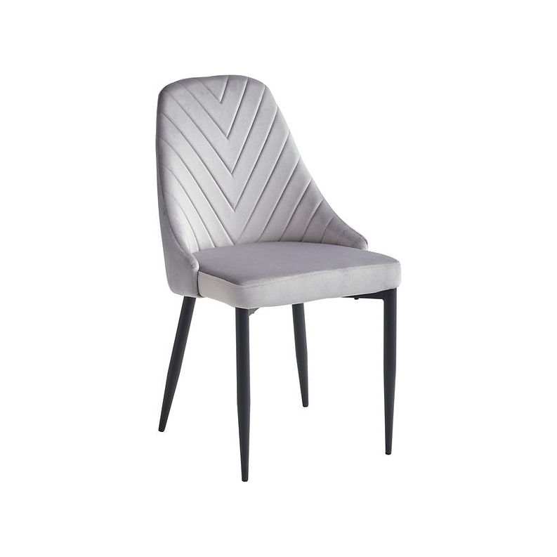 Gray upholstered chair with a chevron pattern 