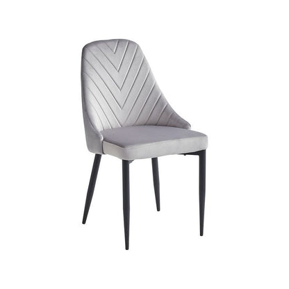 Gray upholstered chair with a chevron pattern 