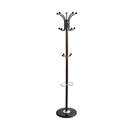 Black coat rack with multiple hooks on a white background