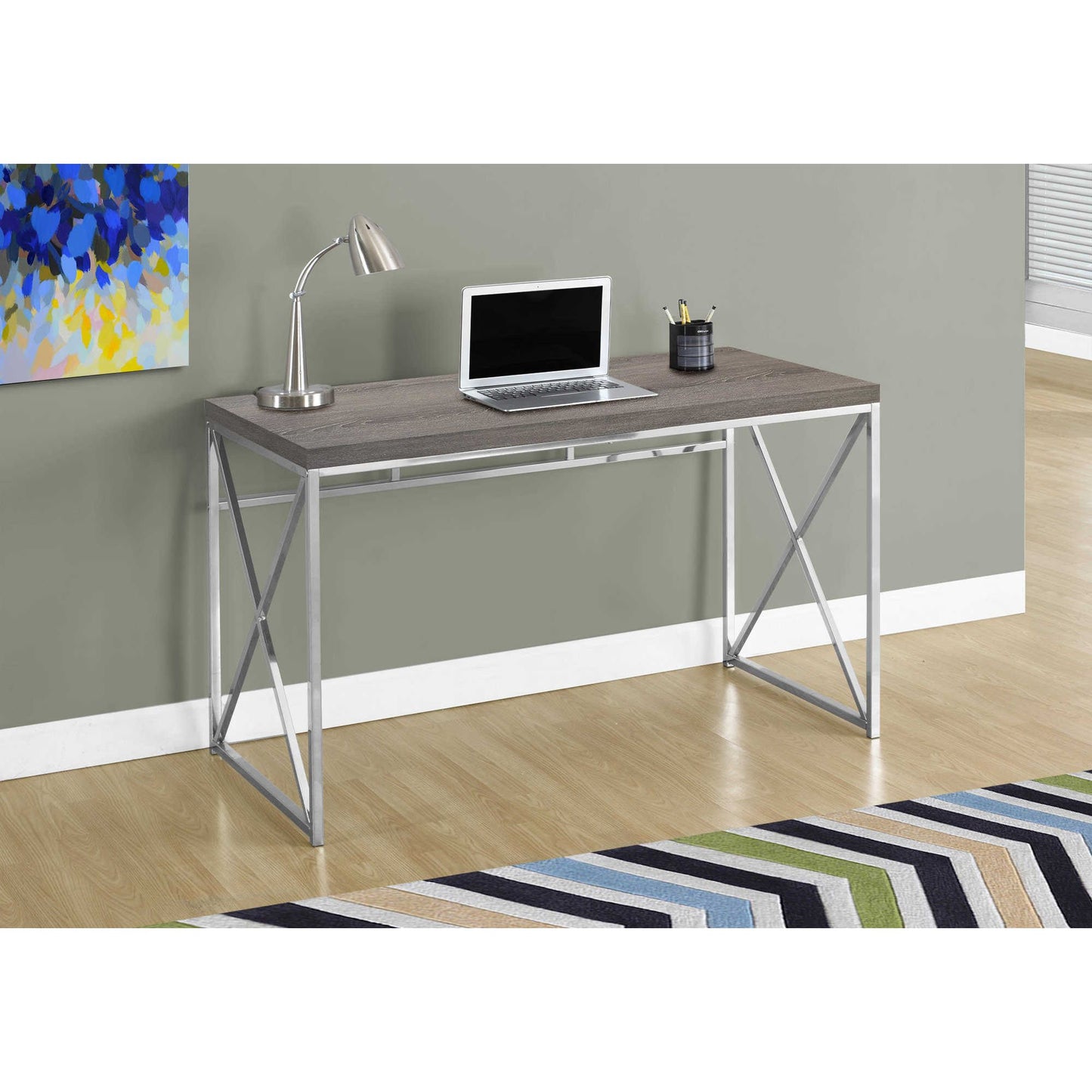 Compact Computer Desk – 47" Dark Taupe Wood Look with Chrome X-Frame