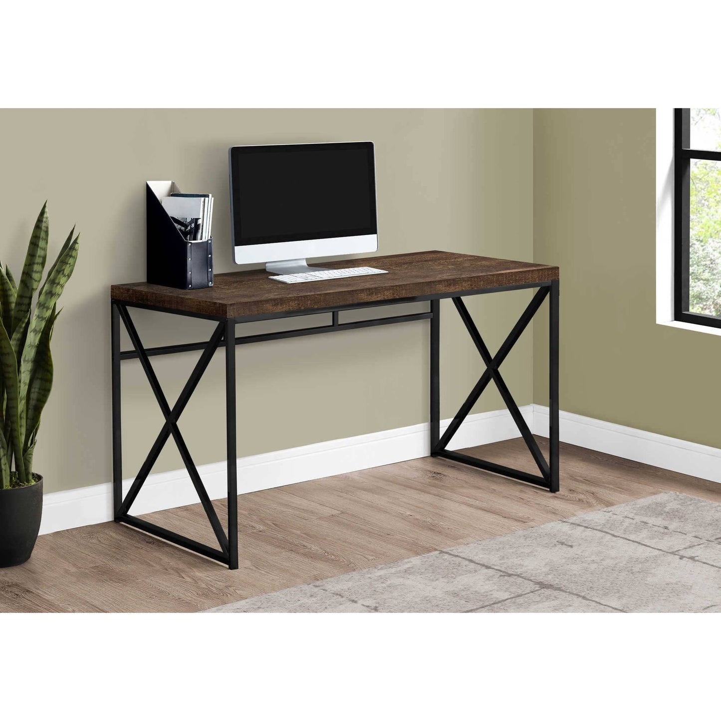 47" Compact Computer Desk –  Brown Reclaimed Wood Look with Black Metal X-Frame