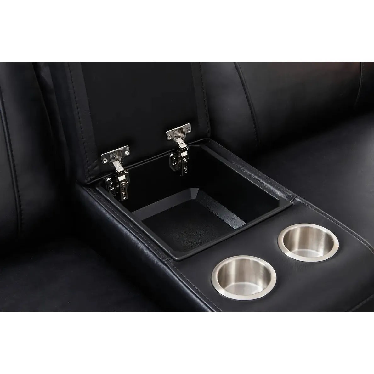 Black leather Sofa interior with cup holders and storage compartment.