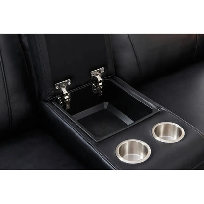 Black leather Sofa interior with cup holders and storage compartment.