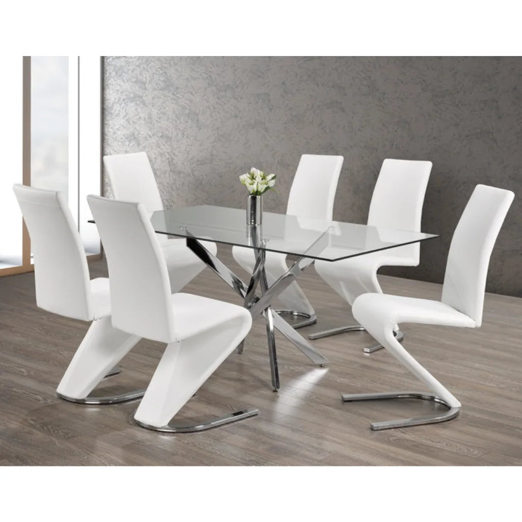 Modern white dining set with a glass table and white chairs
