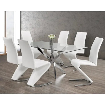 Glass dining table set with white chairs 