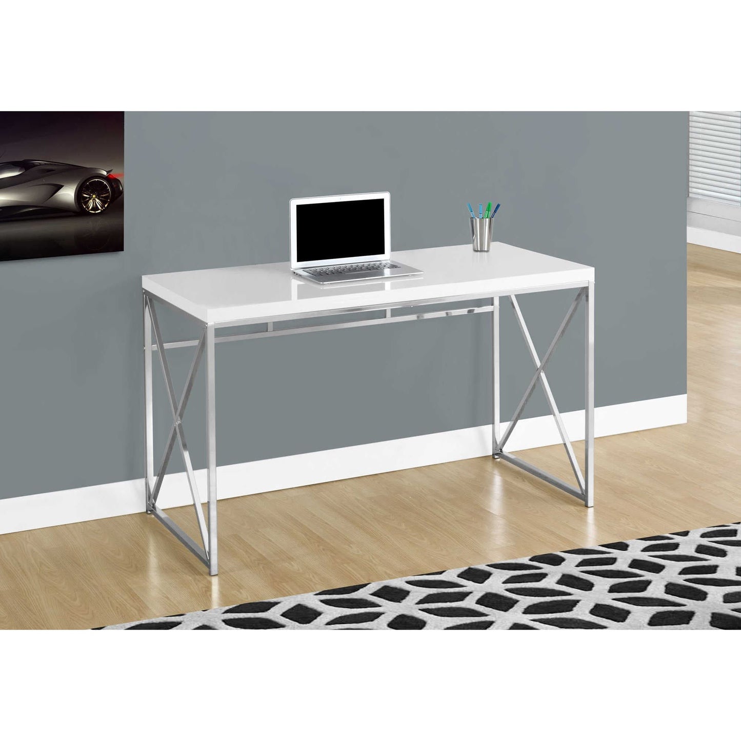 Glossy White Computer Desk with Chrome X-Design Base