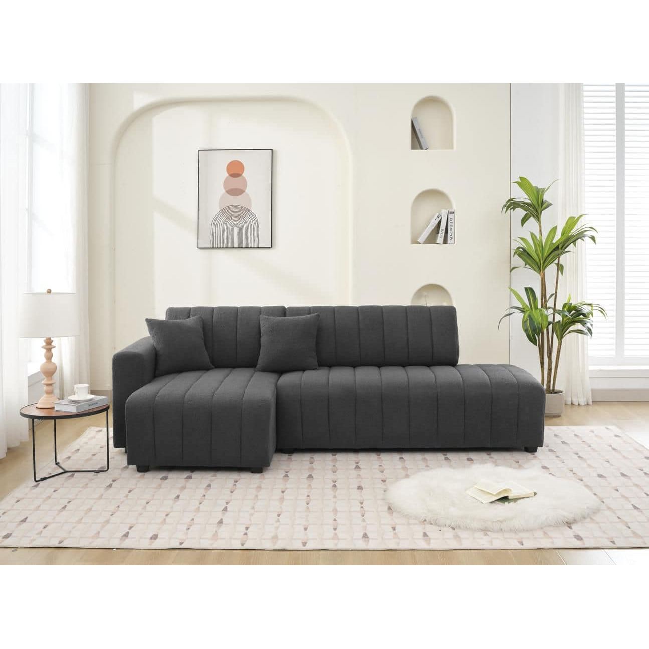 Florence Contemporary Compact Grey Velvet Sectional Sofa with Fine Lines. For Living Room
