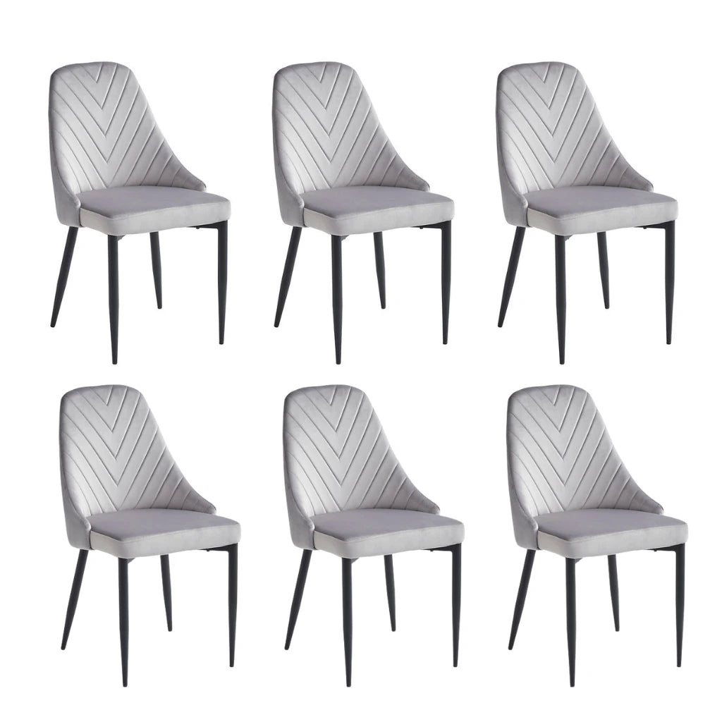 Set of six light grey chairs with black legs 
