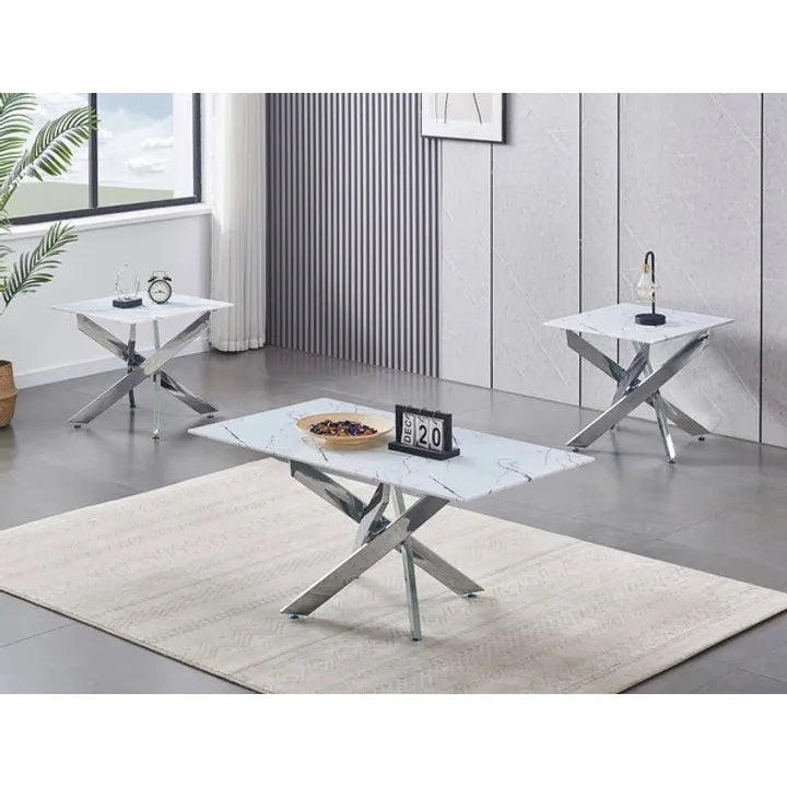 Modern living room with a marble coffee table and side tables