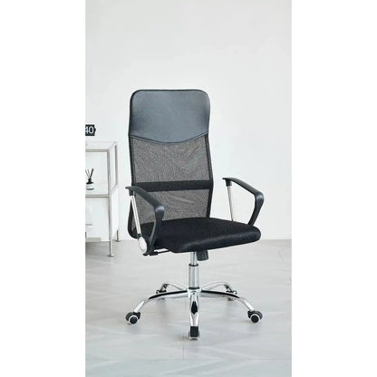 Black office chair with mesh backrest on a light wooden floor.