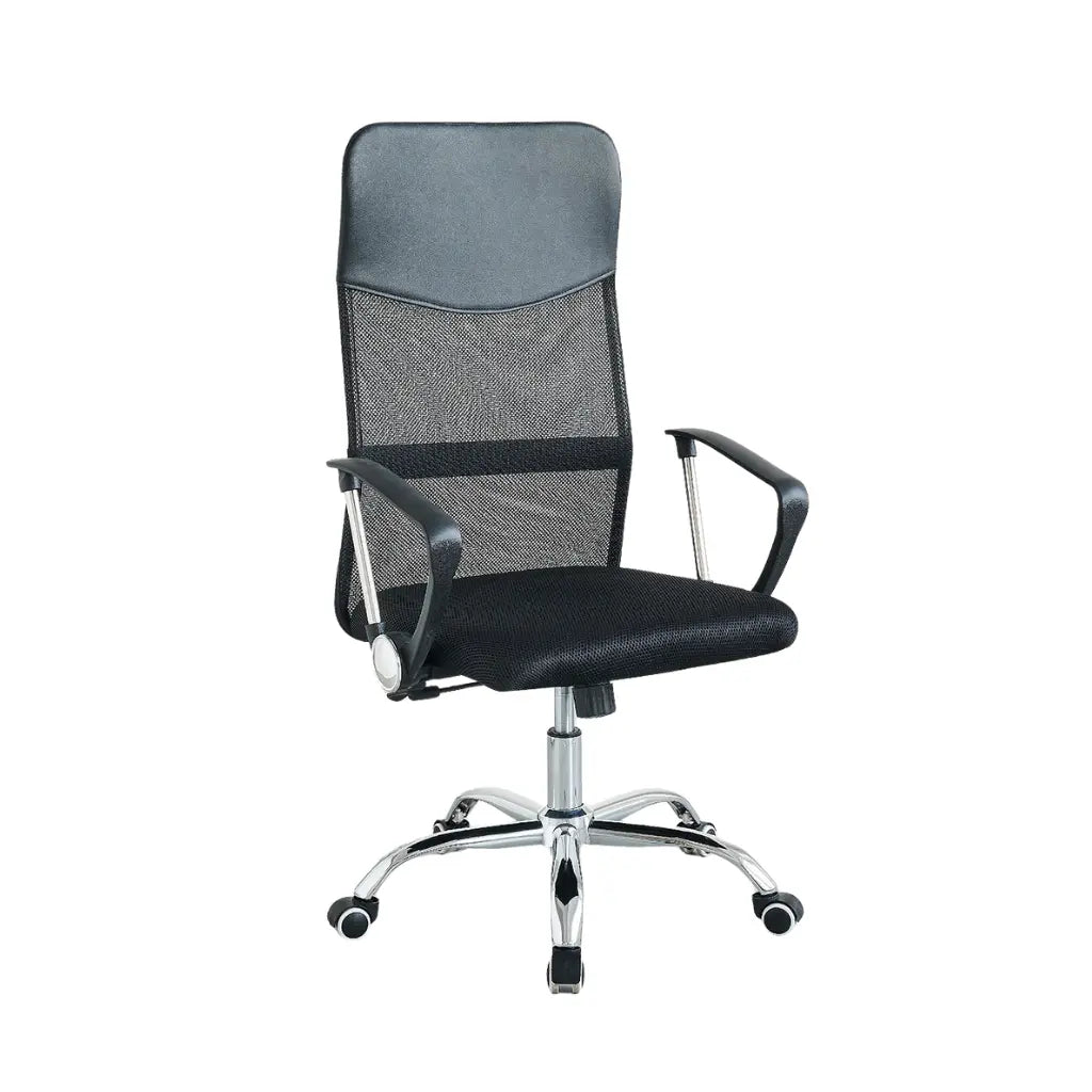 Black office chair with mesh backrest on a white background