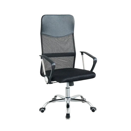 Black office chair with mesh backrest on a white background