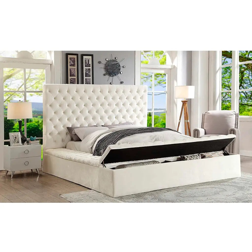 Beige Velvet King Storage Bed with Tufted Headboard 