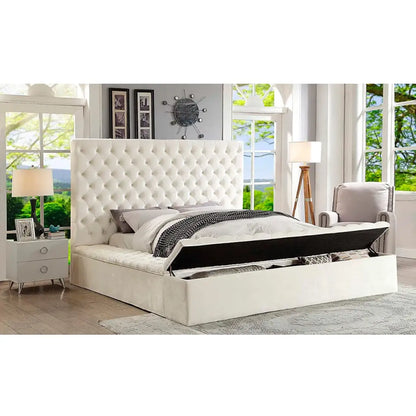 Beige Velvet King Storage Bed with Tufted Headboard 