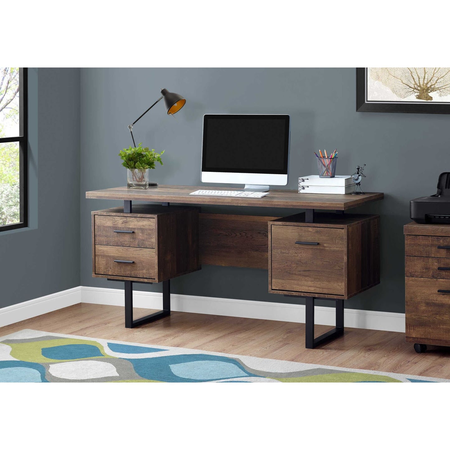 Reclaimed Wood Look Computer Desk with Storage Drawers and File Cabinet –  Reversible Design