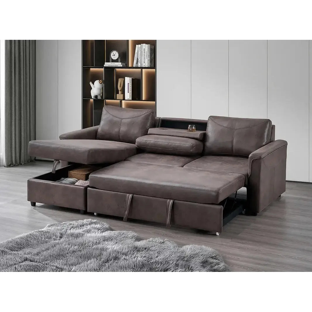 Brown sectional sofa Bed For living room  with storage and USB Option