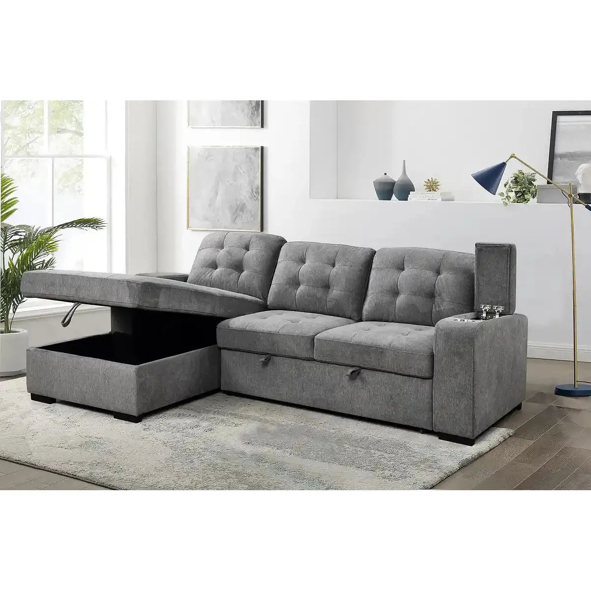 Gray sectional sofa with storage ottoman for modern living room.