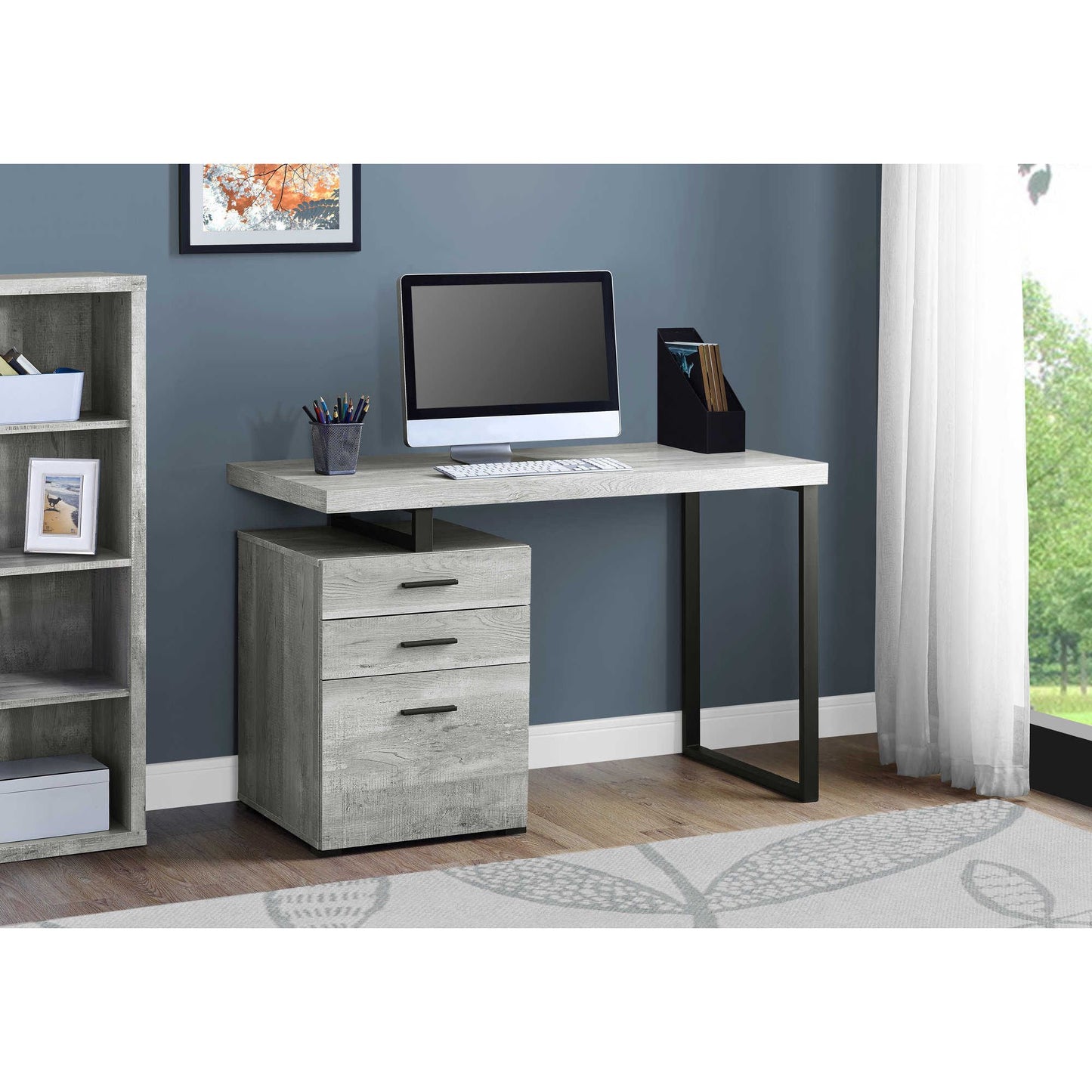 Grey Reclaimed Wood Computer Desk with Storage Drawers